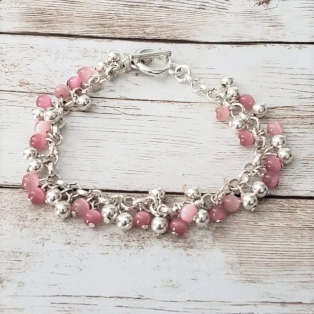 Vintage Bracelet / Bangle - Pretty Pink & Silver Tone Bracelet